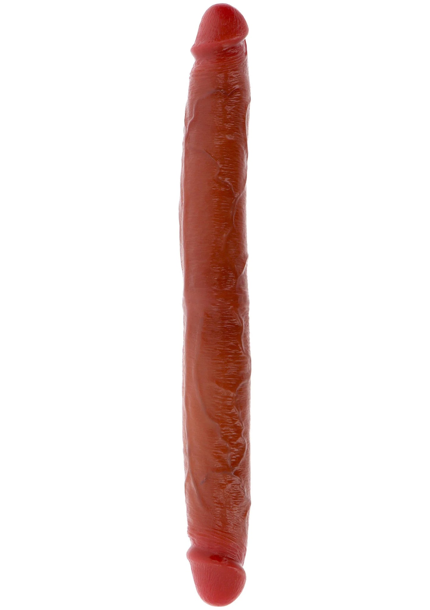 Donkerrode siliconen double dong, 35 cm lang, langwerpige vorm met afgeronde top.
