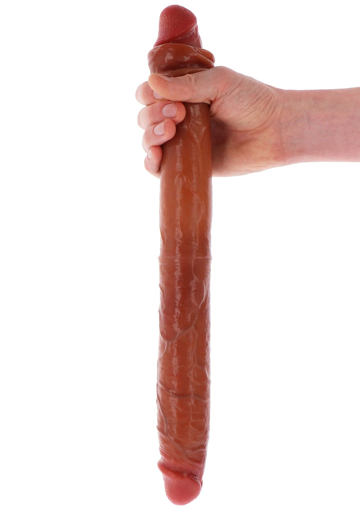 Bruine siliconen dubbele dildo, in hand geknepen, top met gebogen uiteinde