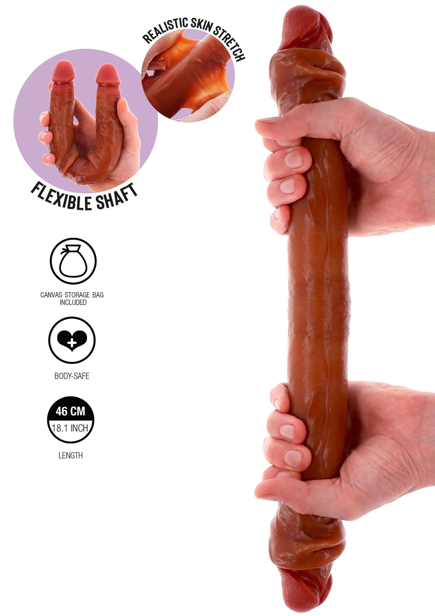 Bruine siliconen dubbele dildo, 46 cm, vastgehouden met flexibele schacht