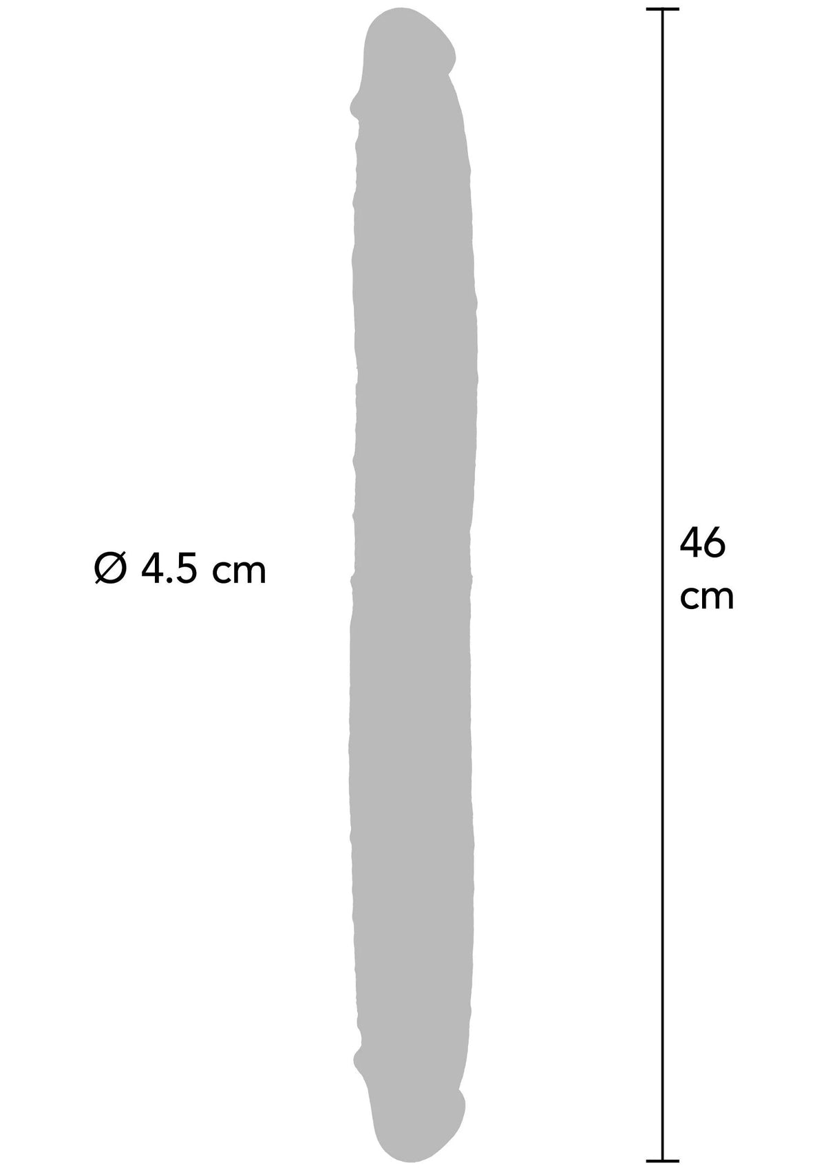 Siliconen dubbel-dildo-afmeting: Ø 4,5 cm breed en 46 cm lang.