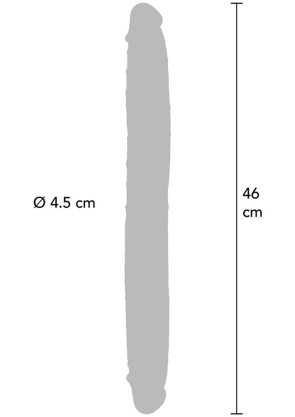 Siliconen dubbel-dildo-afmeting: Ø 4,5 cm breed en 46 cm lang.