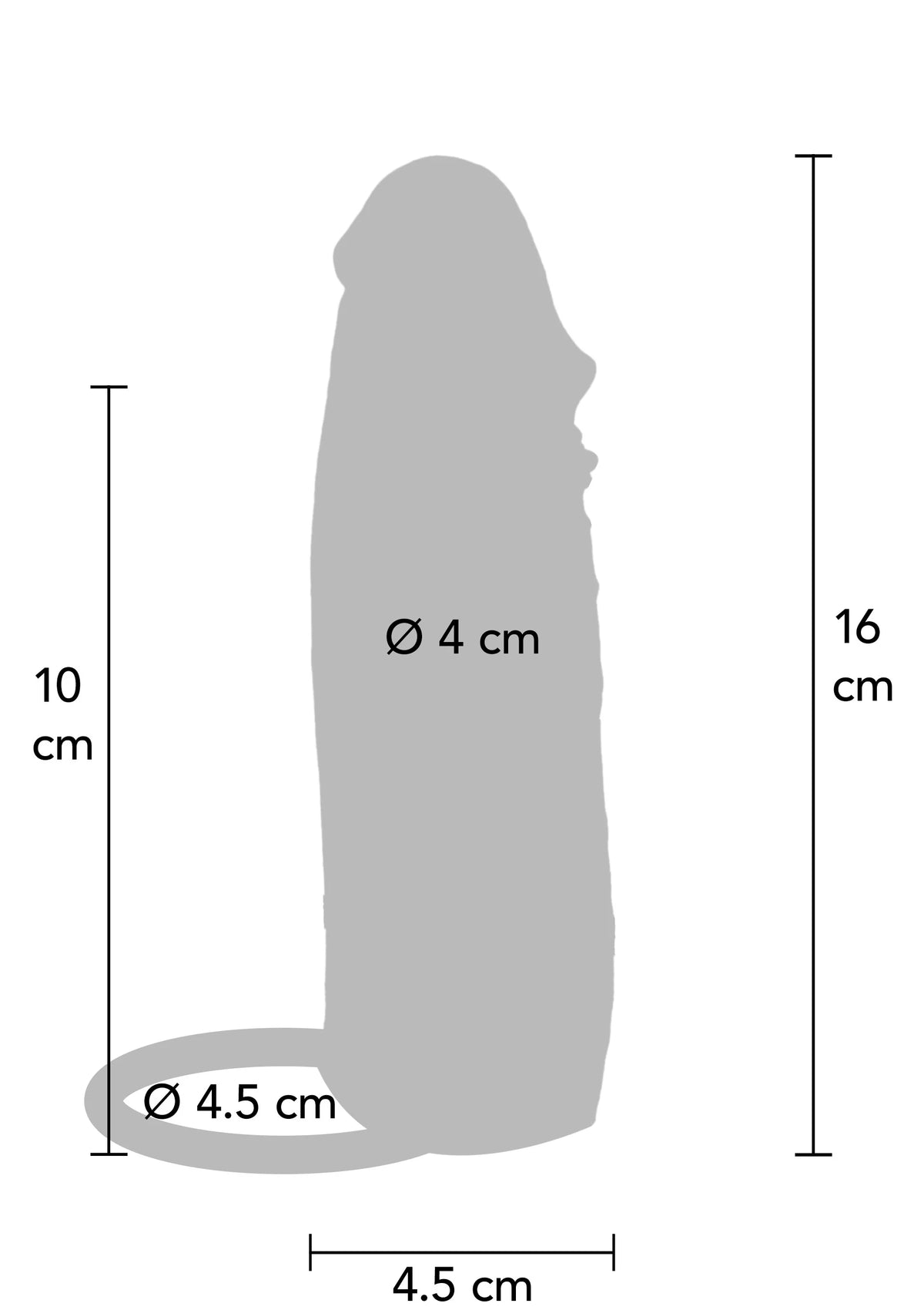 Afmetingsdiagram: rode siliconen penis sleeve, 16 cm lang; Ø 4 en Ø 4,5 cm