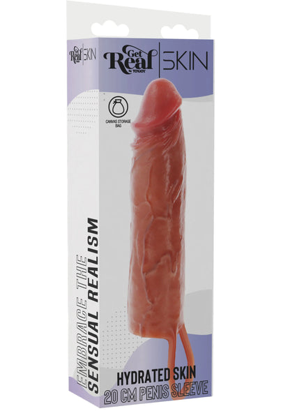 Doos met roodbruine siliconen penis-mouw 'Hydrated Skin', 20 cm