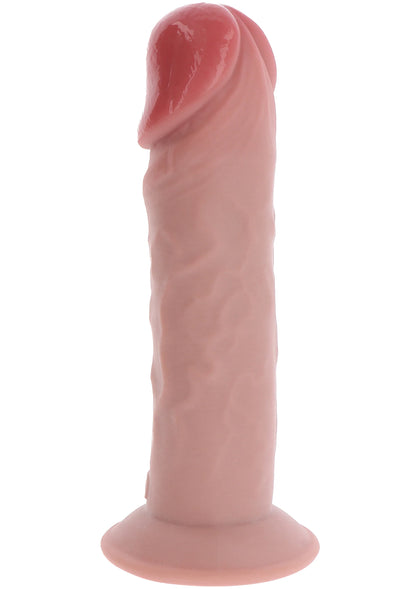 Roze TPE dildo van voren, afgeronde kop en brede voet, glad oppervlak