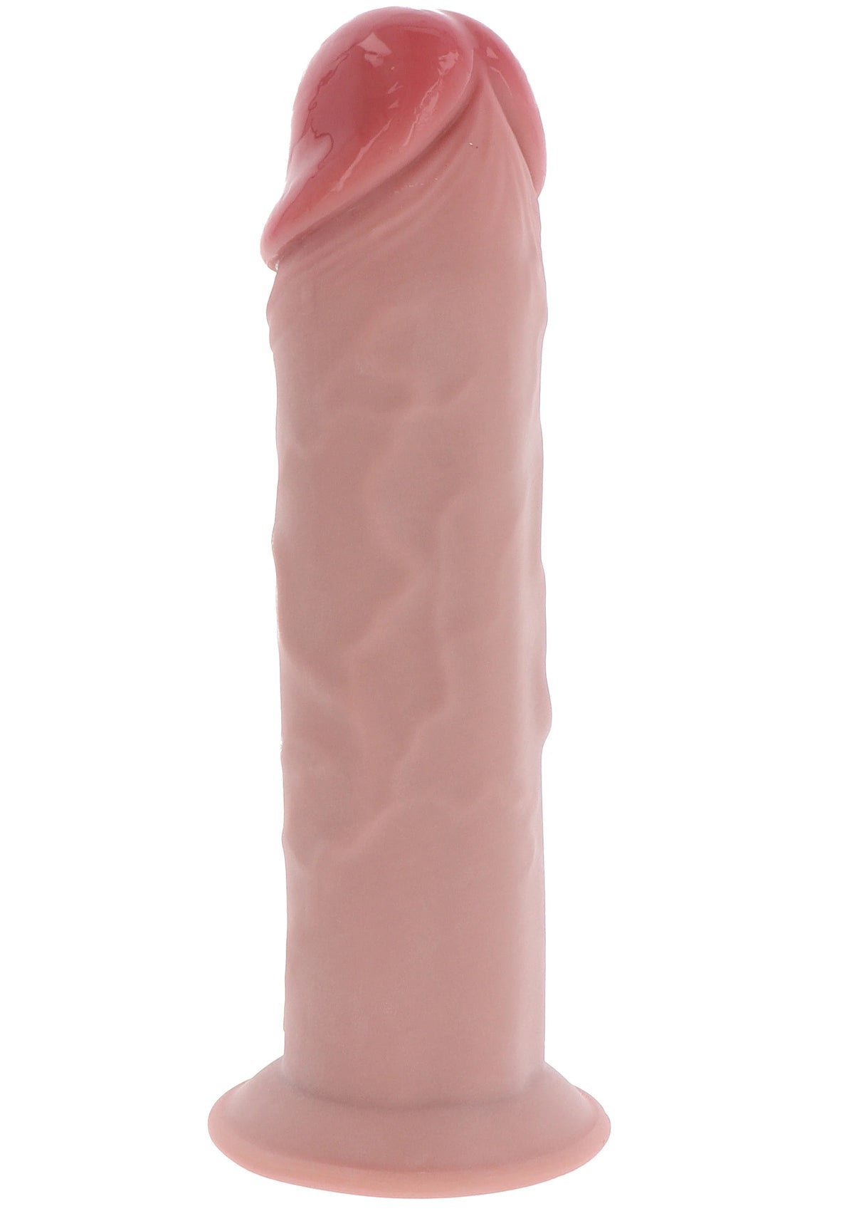 Roze TPE-dildo achteraanzicht met afgeronde kop en brede voet