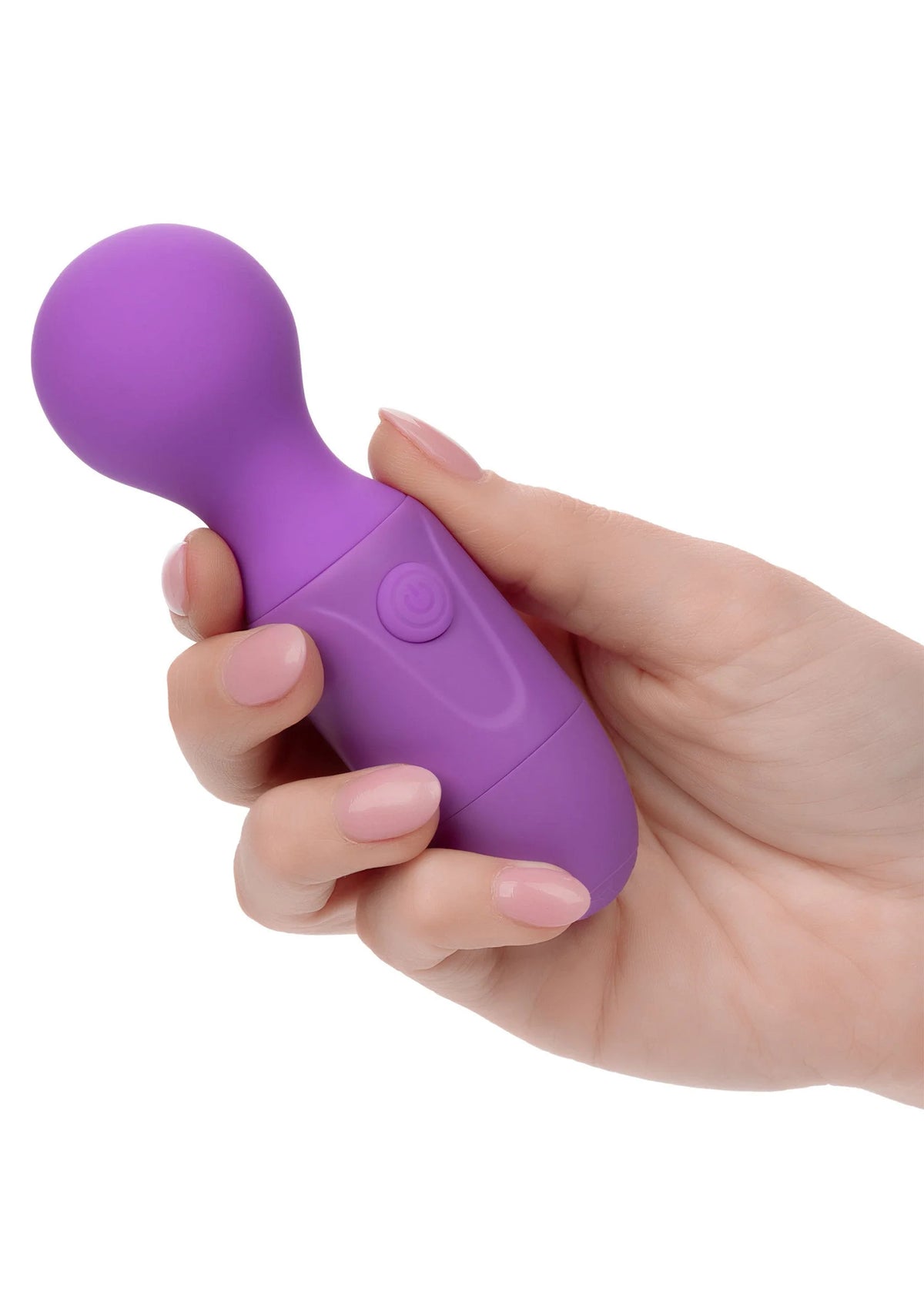Paarse oplaadbare massager in hand met afgeronde kop en knop