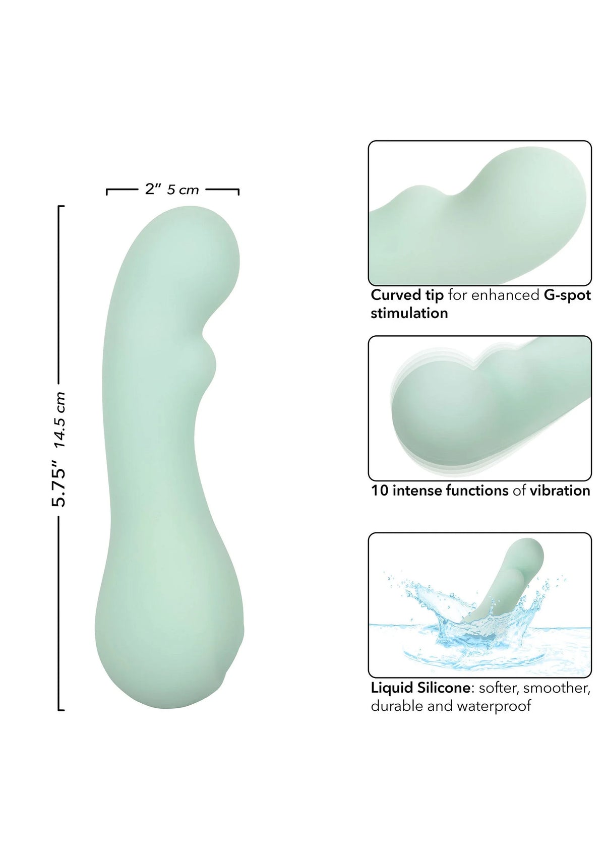 Muntgroene siliconen vibrator met gebogen, taps toelopende vorm