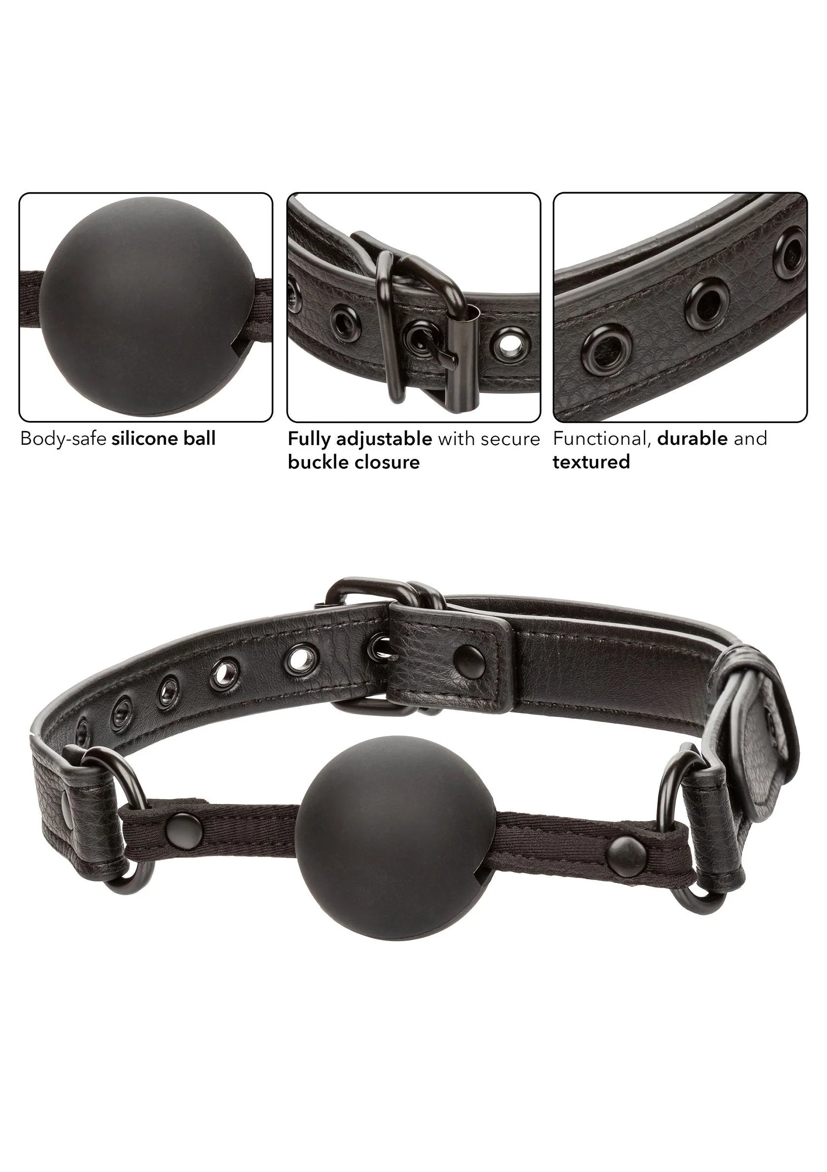 CalExotics balprang met zwarte silicone bal en verstelbare leren riemen