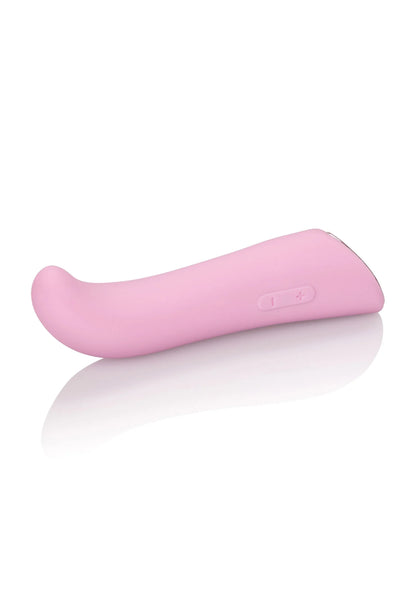Roze siliconen Mini G seksspeeltje, liggende vorm met gladde curve en knop.