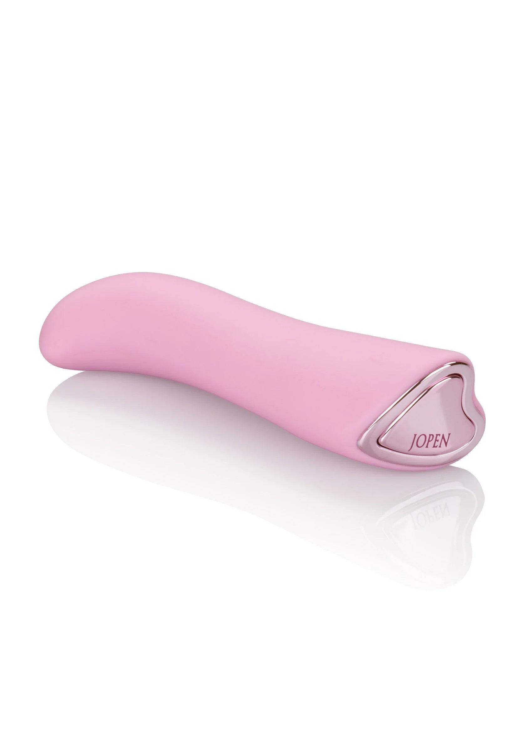 Roze siliconen Mini G seksspeeltje met onderklem/poort en ingeslagen Jopen-merk.
