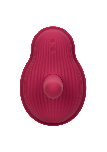 Rode siliconen vibrator met ovale voorzijde en ronde knop in het midden