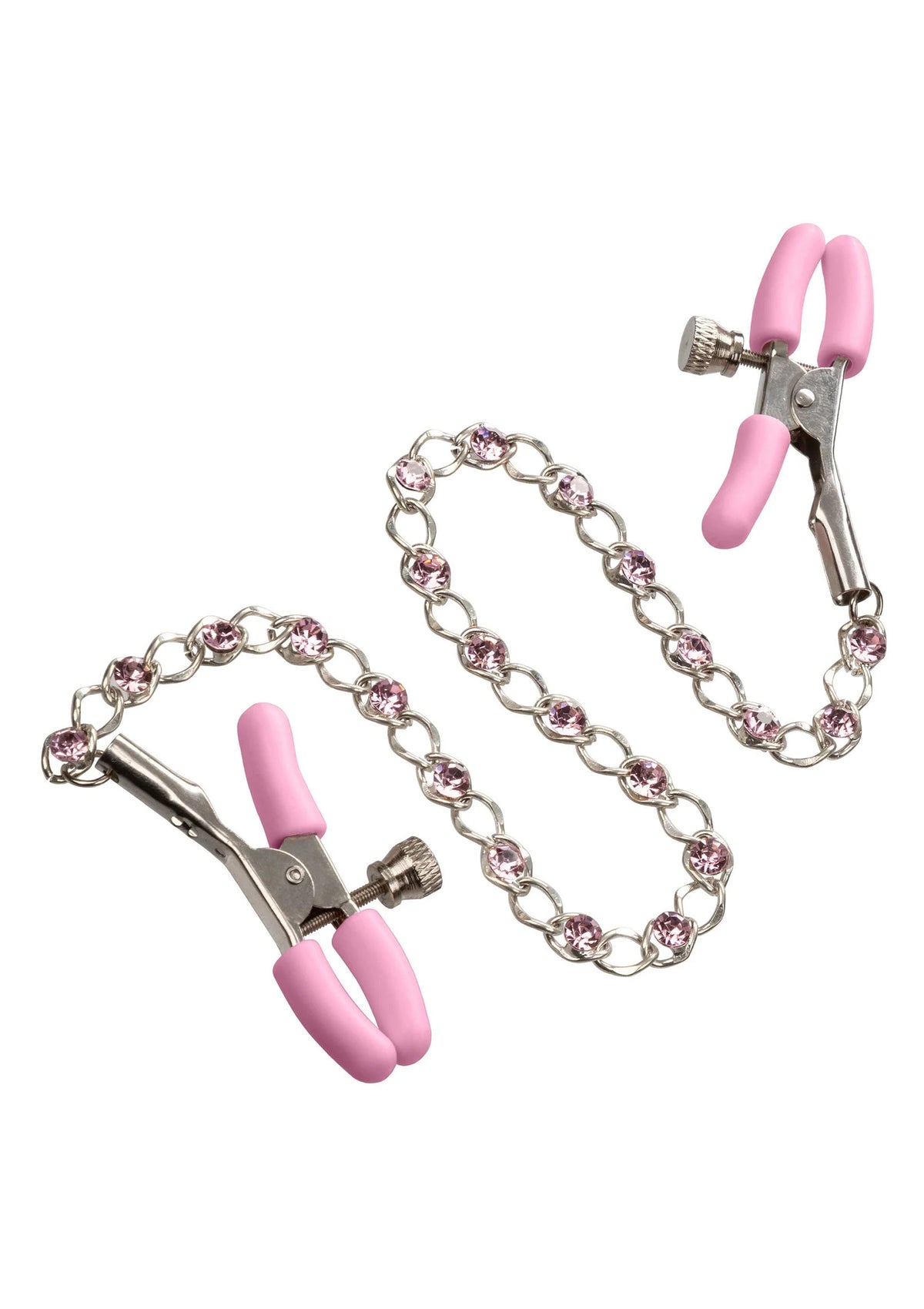 Tepelprikkels met roze klemmen en zilverkleurige kristalketting, twee stuks