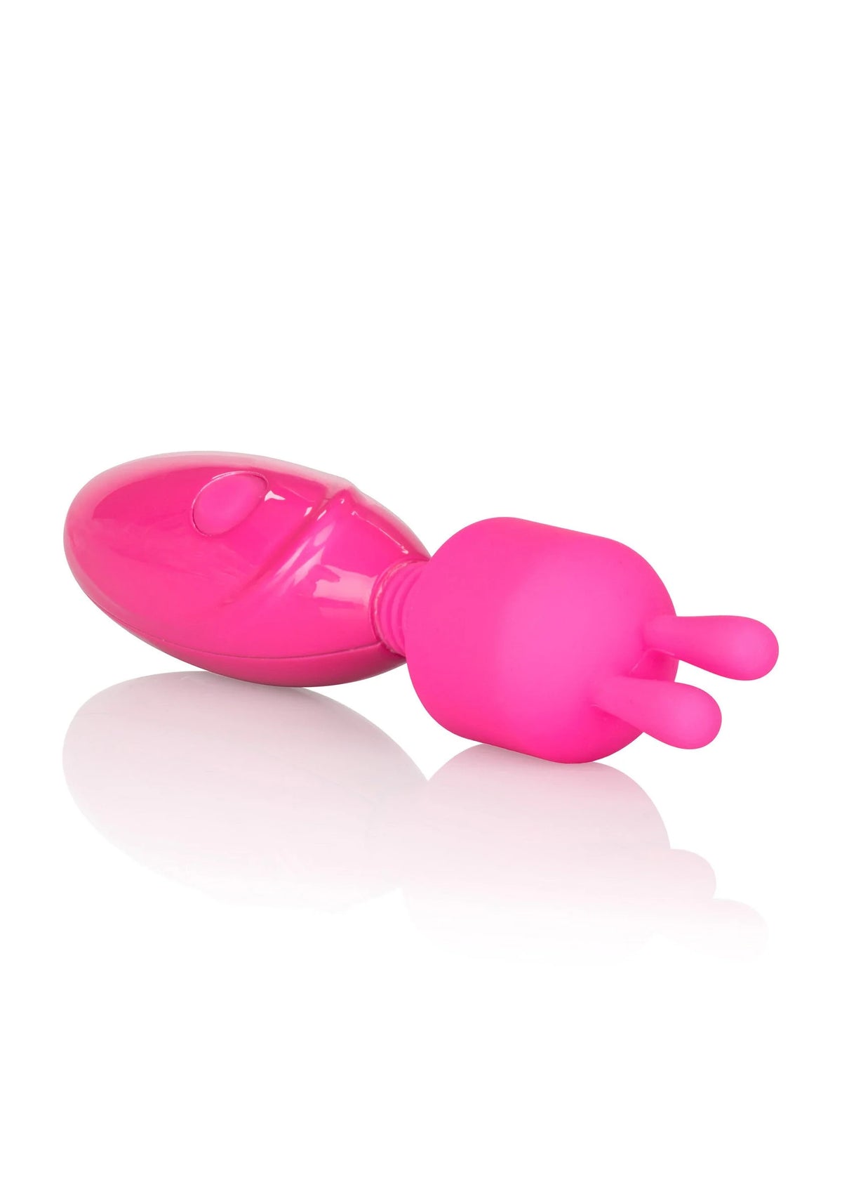 Roze konijnvormige vibrator liggend met gebogen uiteinde en ribbels