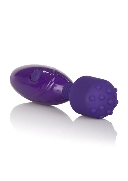Paarse vibrator zijaanzicht met noppenhandvat en ovale, glanzende kop