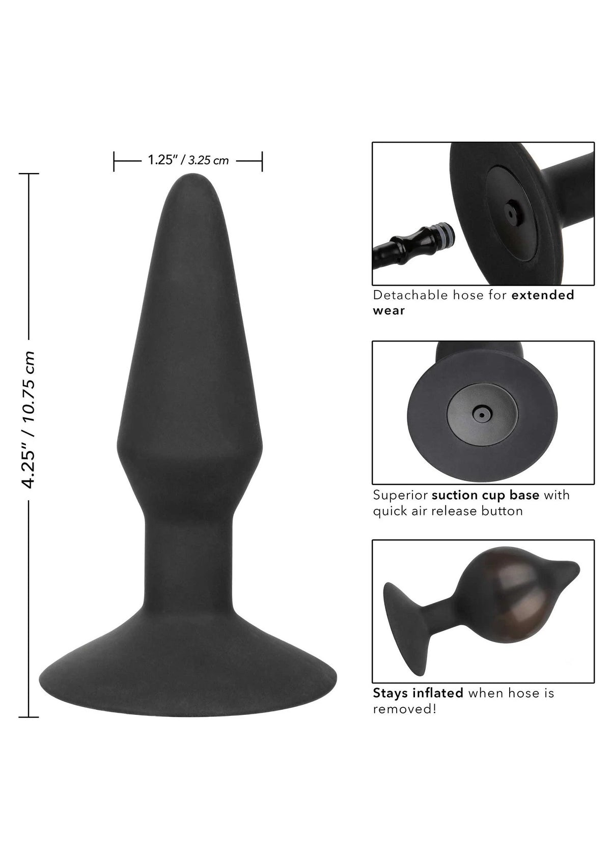Medium siliconen opblaasbare anale plug van CalExotics, zwart met brede voet.