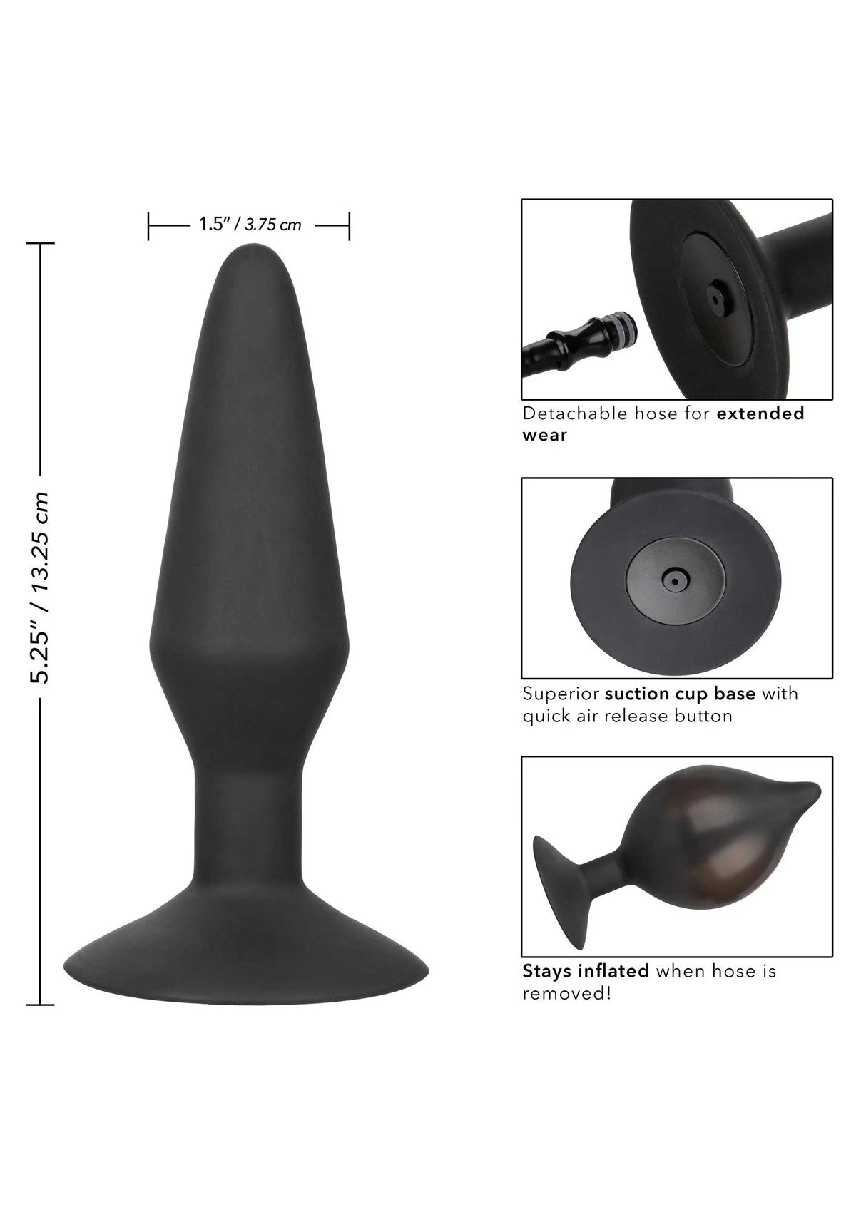 Grote opblaasbare siliconen buttplug (zwart) met brede voetvorm