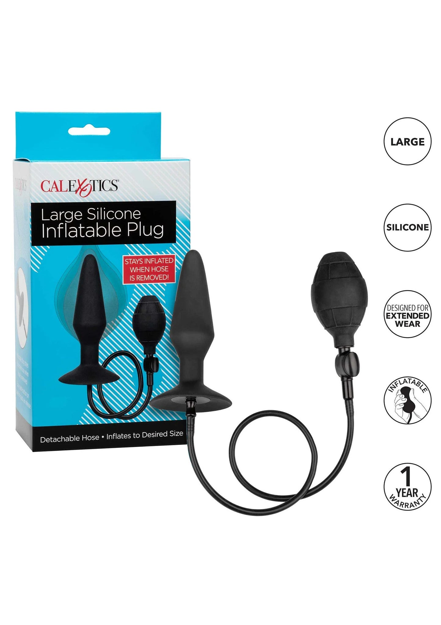 Grote opblaasbare siliconen buttplug set met afneembare slang, zwart
