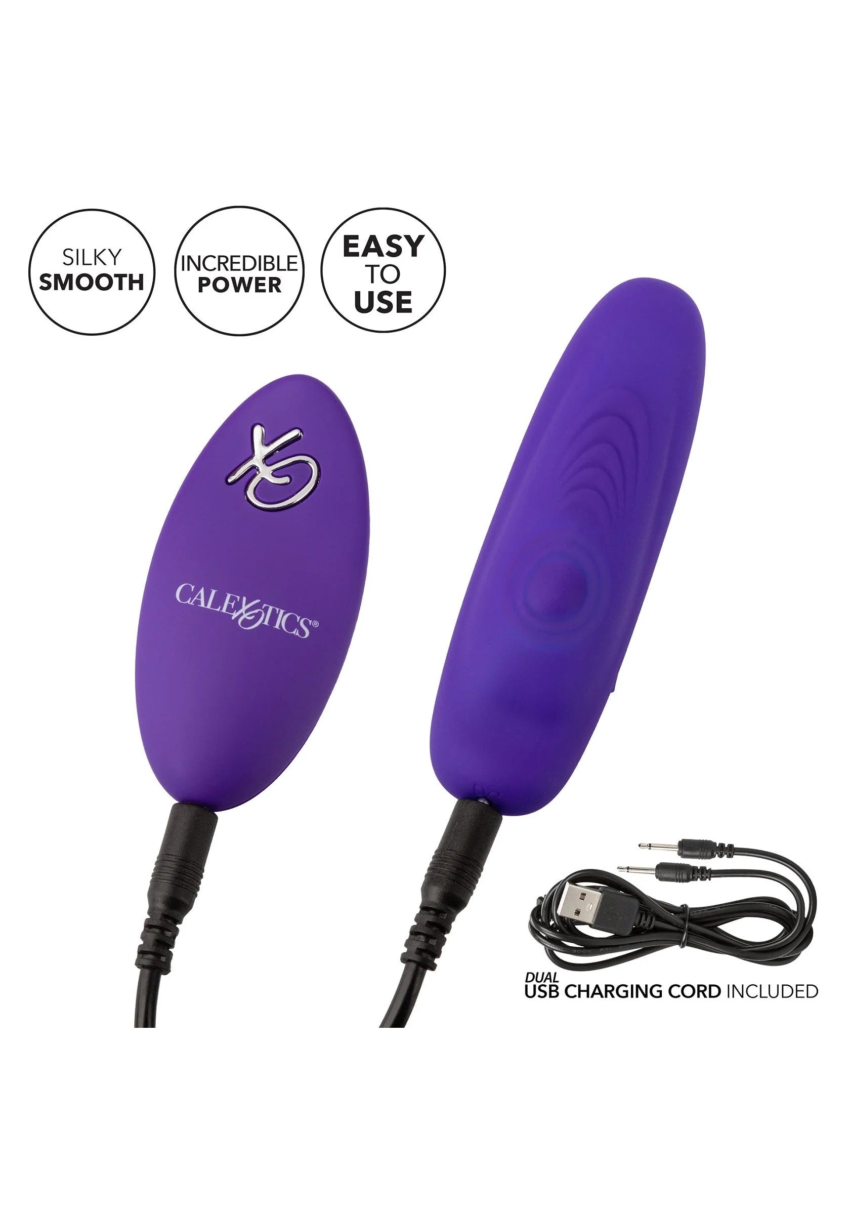 Paarse Lock-N-Play panty teaser van CalExotics met USB-oplaadkabel en twee ovale units