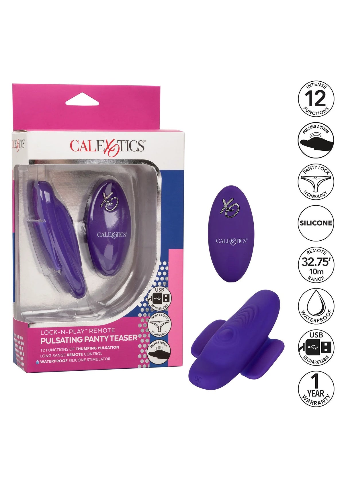 Paarse Lock-N-Play panty teaser van CalExotics met afstandsbediening en twee delen