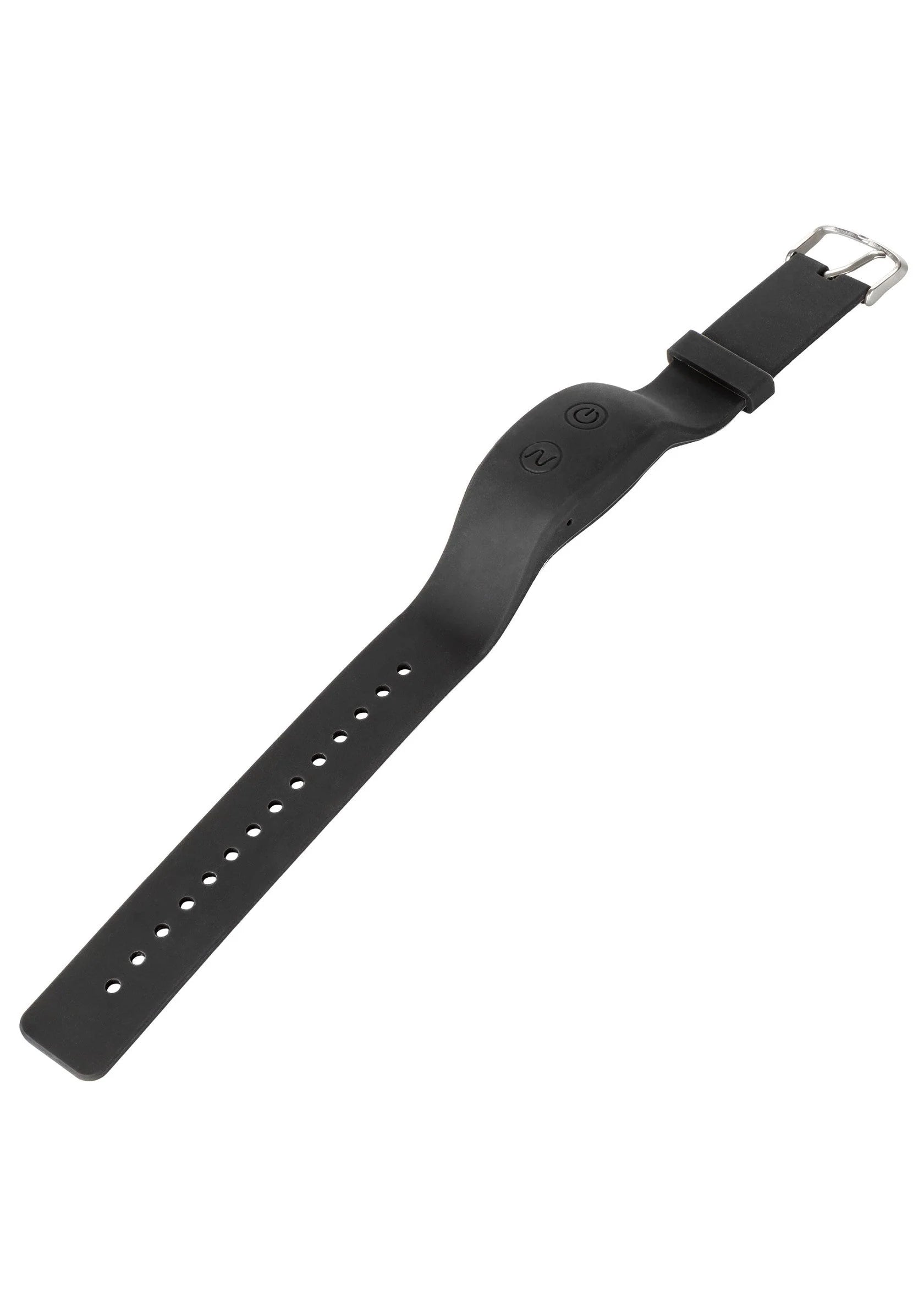 Zwart polsband met afstandsbediening, verstelbare perforaties en metalen gespclip.