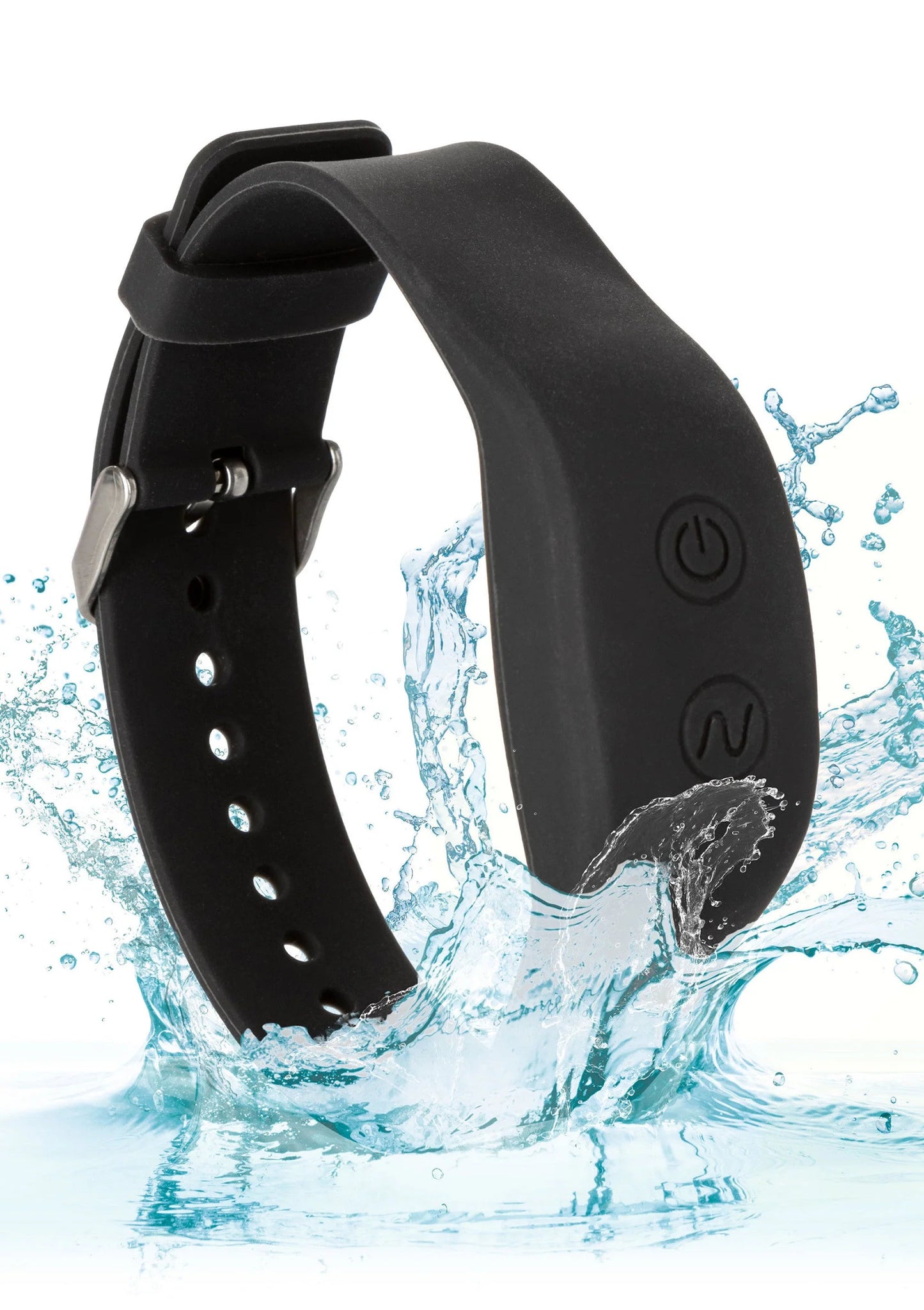 Zwart polsband met afstandsbediening en bedienknoppen; siliconen band met gespsluiting.