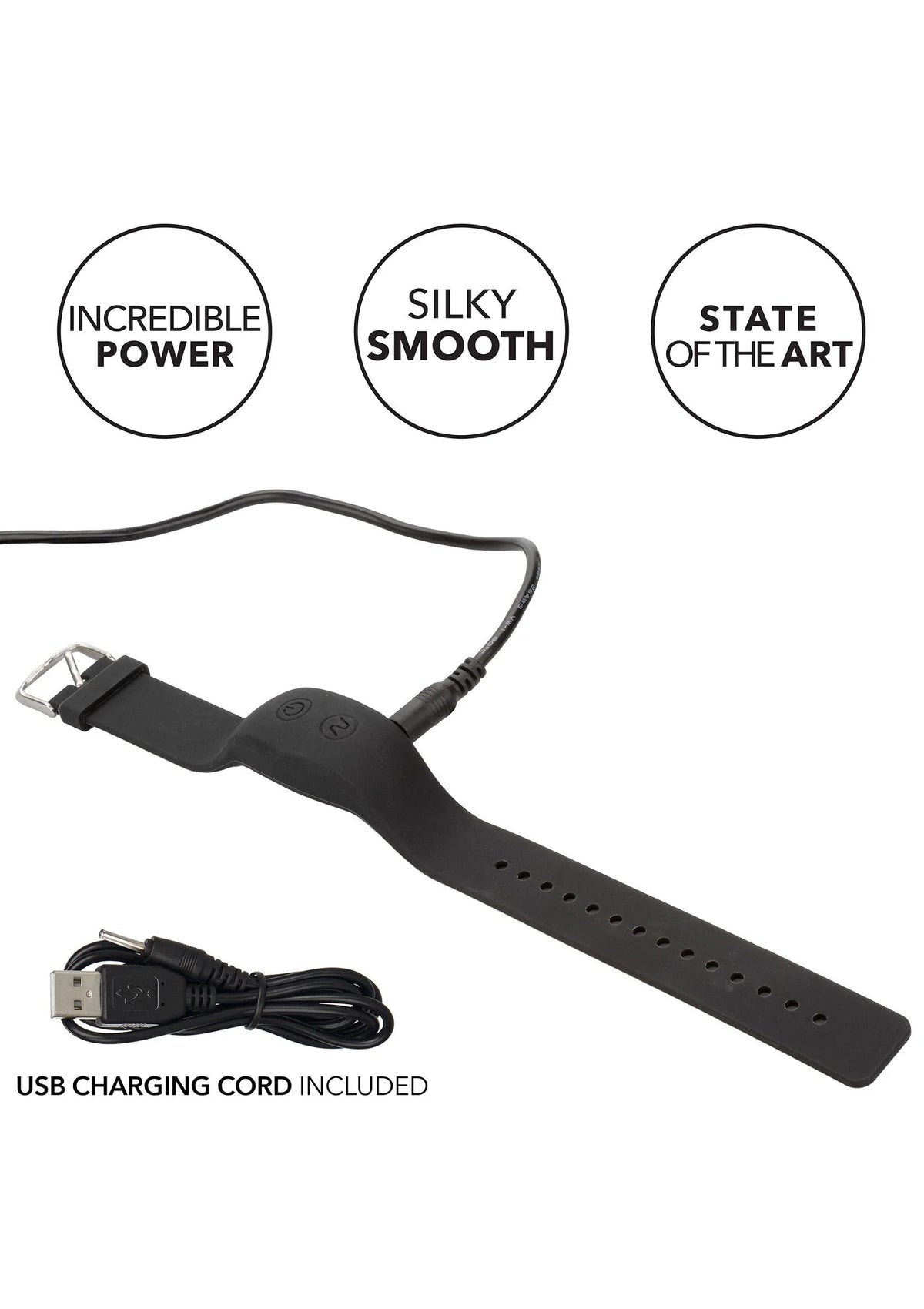 Zwart polsband met afstandsbediening en USB-oplaadkabel; knoppen op de band.