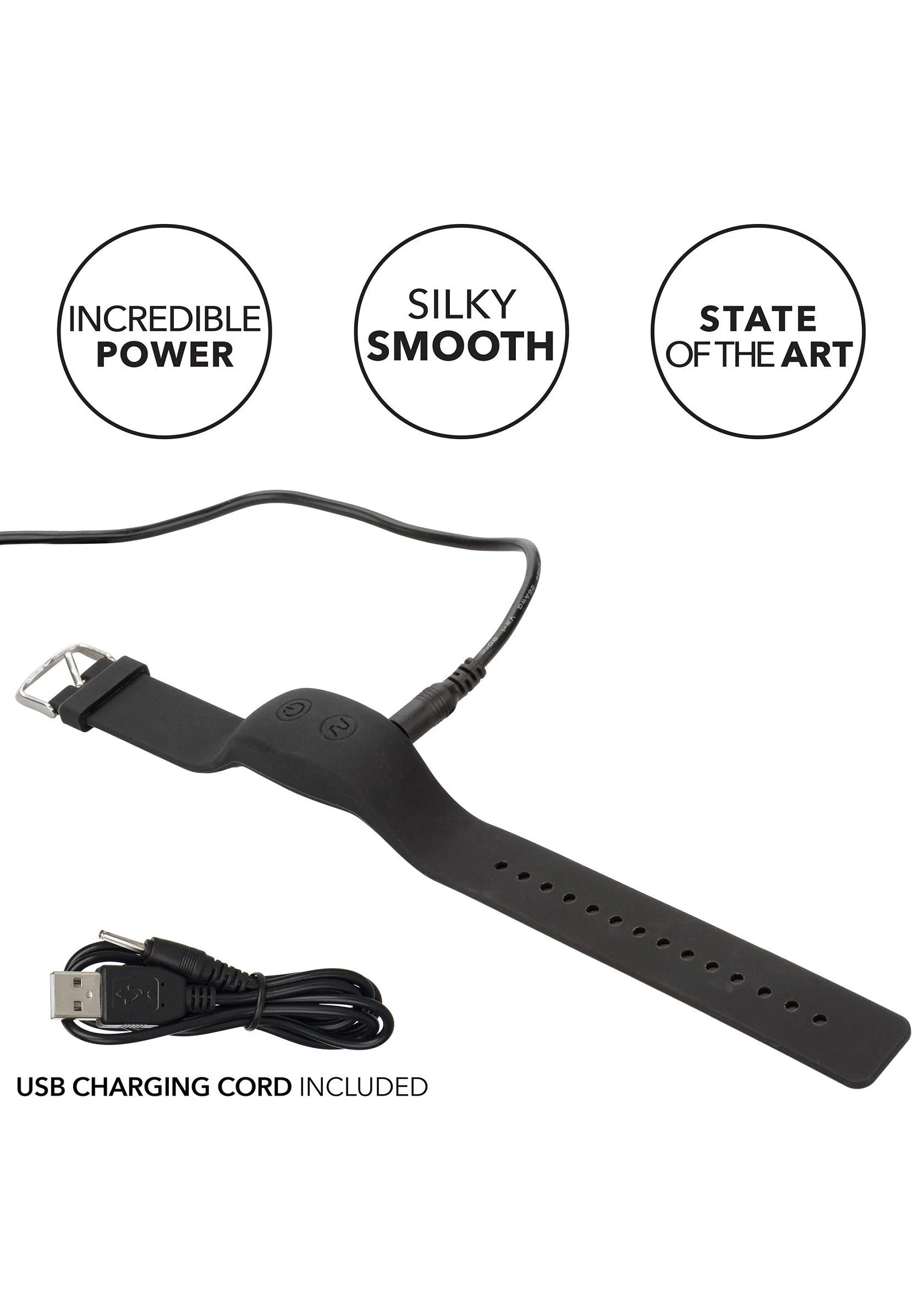 Zwart polsband met afstandsbediening en USB-oplaadkabel; knoppen op de band.