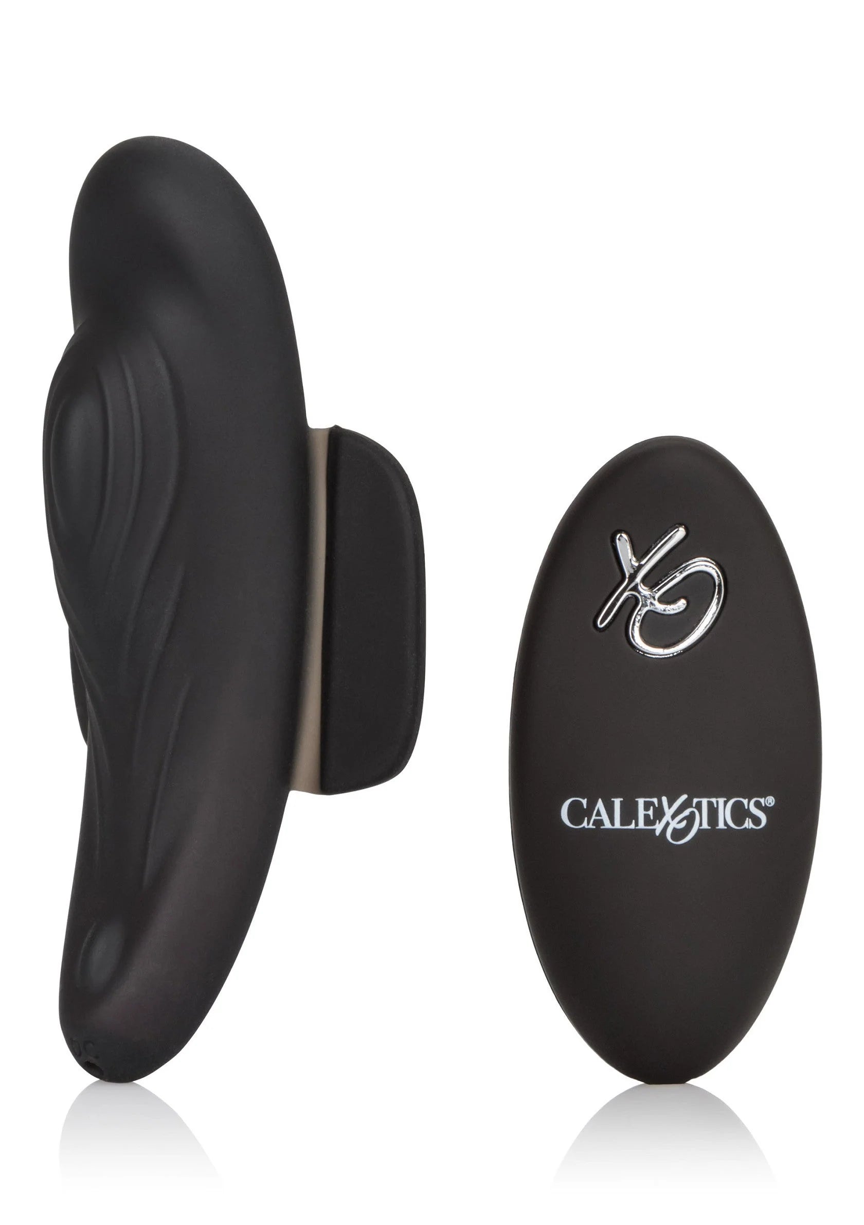 Zwarte ovale panty teaser vibrator met bedieningspad en CalExotics-logo.