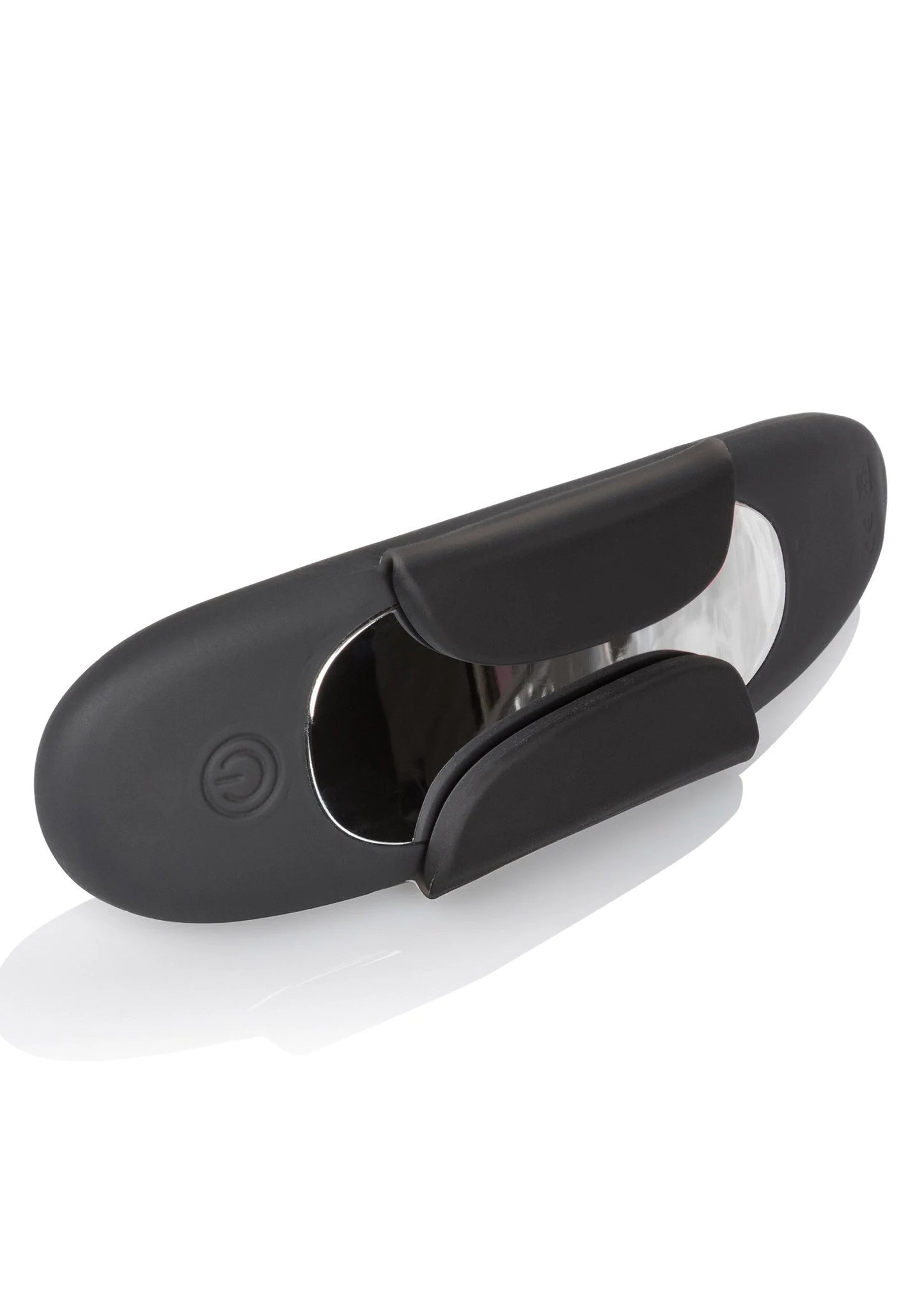 Zwarte panty teaser vibrator met klem, open binnenkant en ovale behuizing.