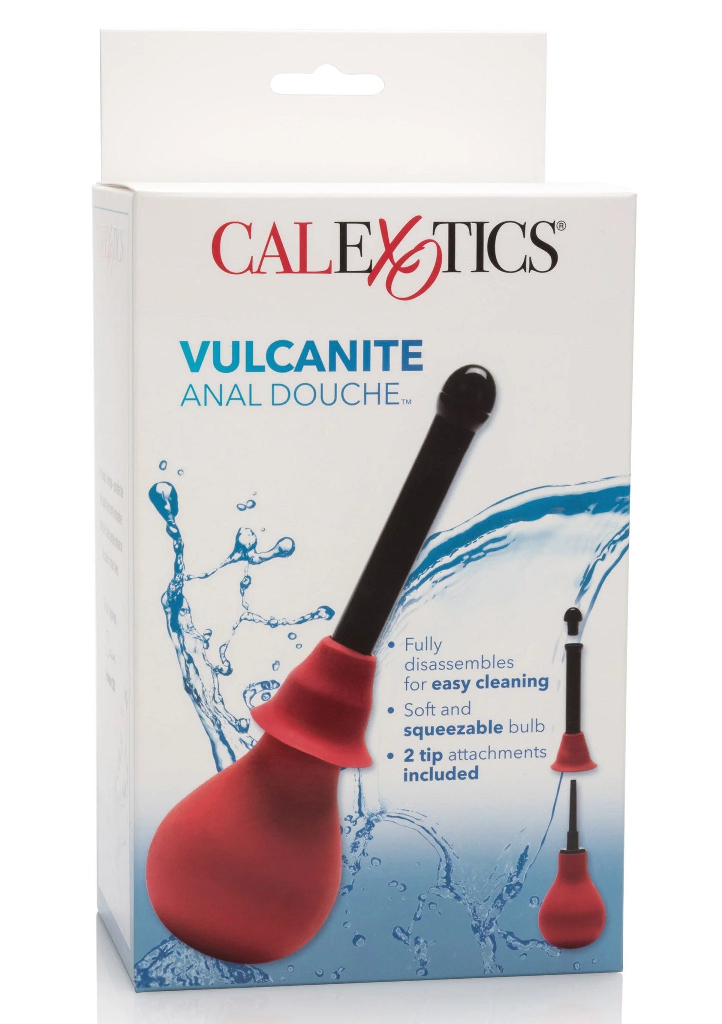 CalExotics verpakking van anale douche met blauwe waterillustratie en dop