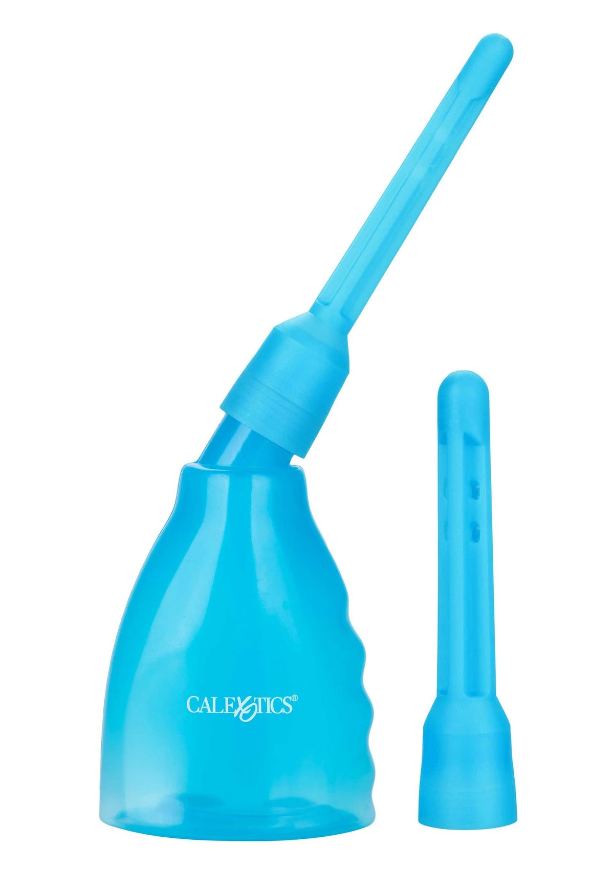 Blauwe doucheapparaatset: fles en opzetstuk, lange tuit, kunststof, CalExotics