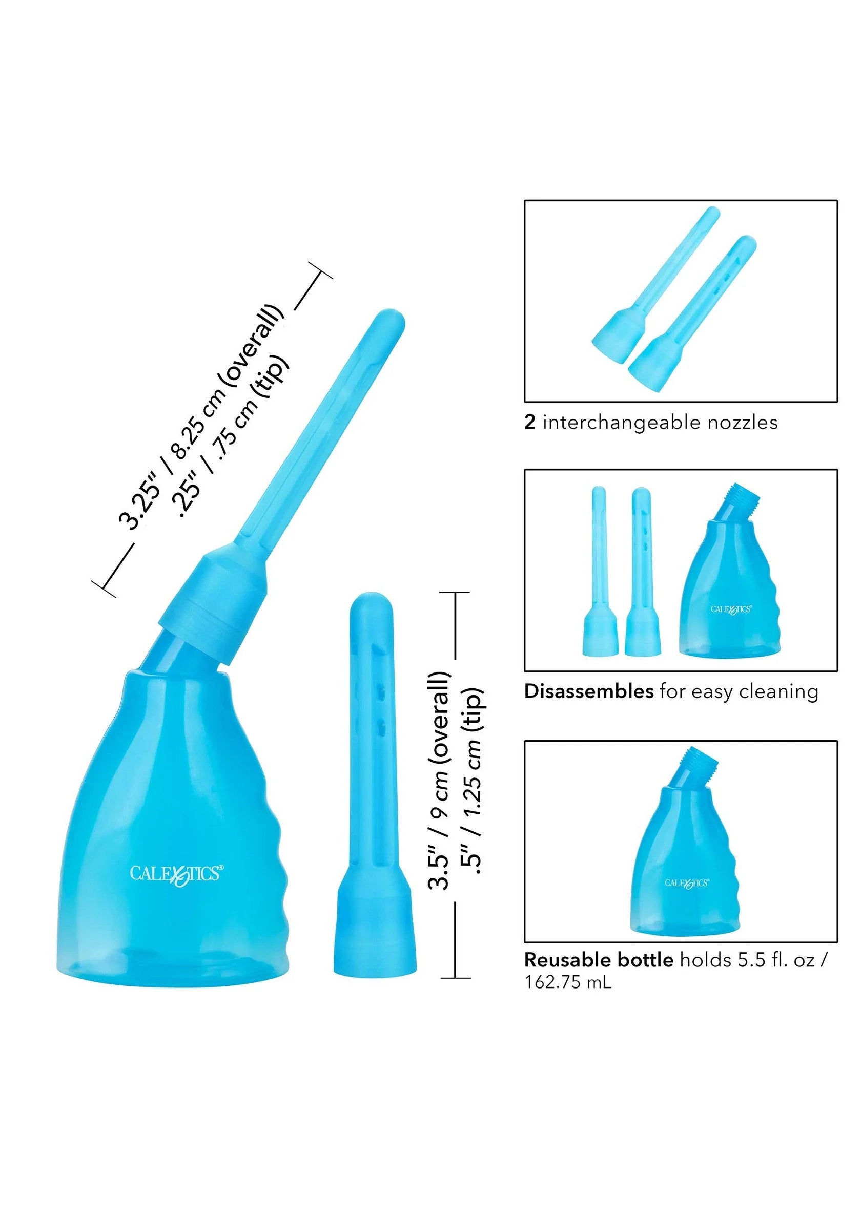 Blauwe douchefles met twee verwisselbare opzetnozzles, met maat- en detailweergave