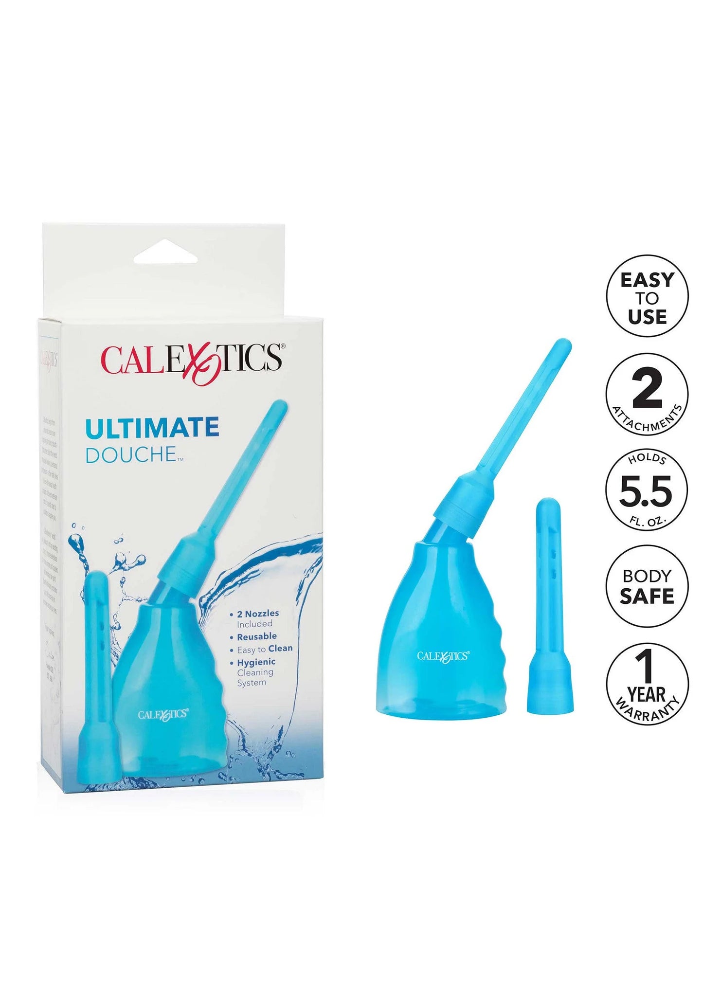 Blauwe Ultimate Douche set met verpakking en gebruiksicoon voor 2 opzetnozzles
