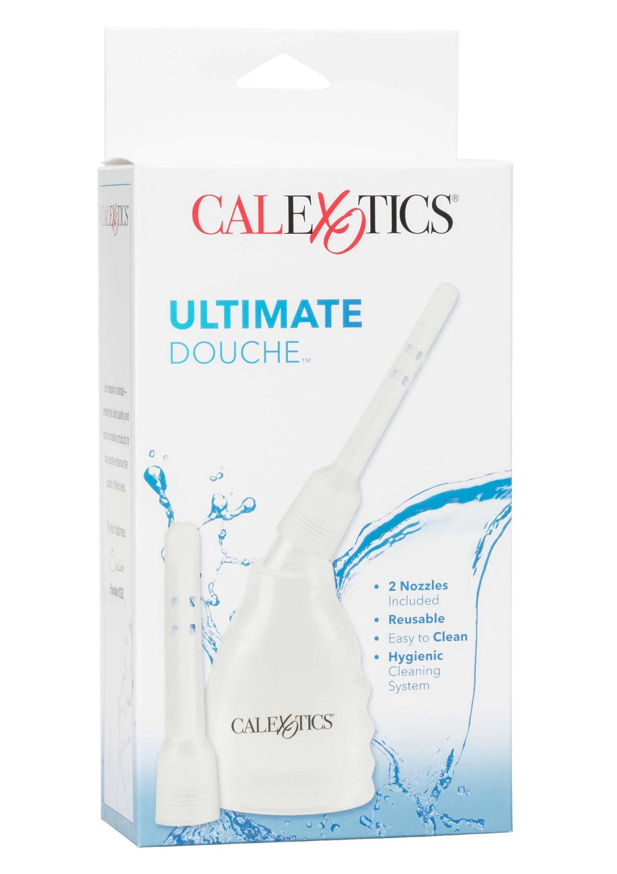 Verpakking van CalExotics douche, Ultimate Douche met flessenschets en waterillustratie