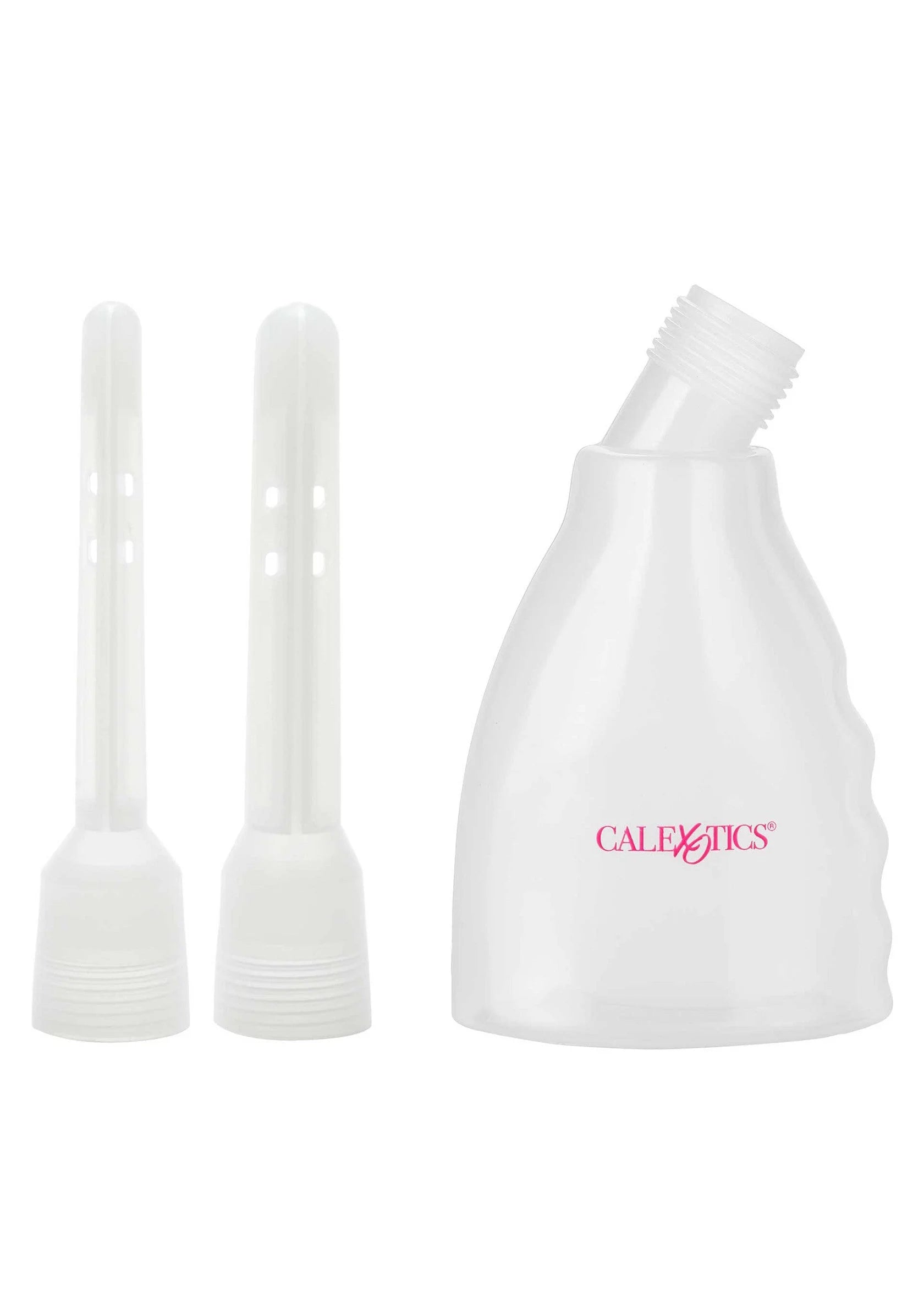 Witte douche-apparaatset met fles en twee opzetstukken