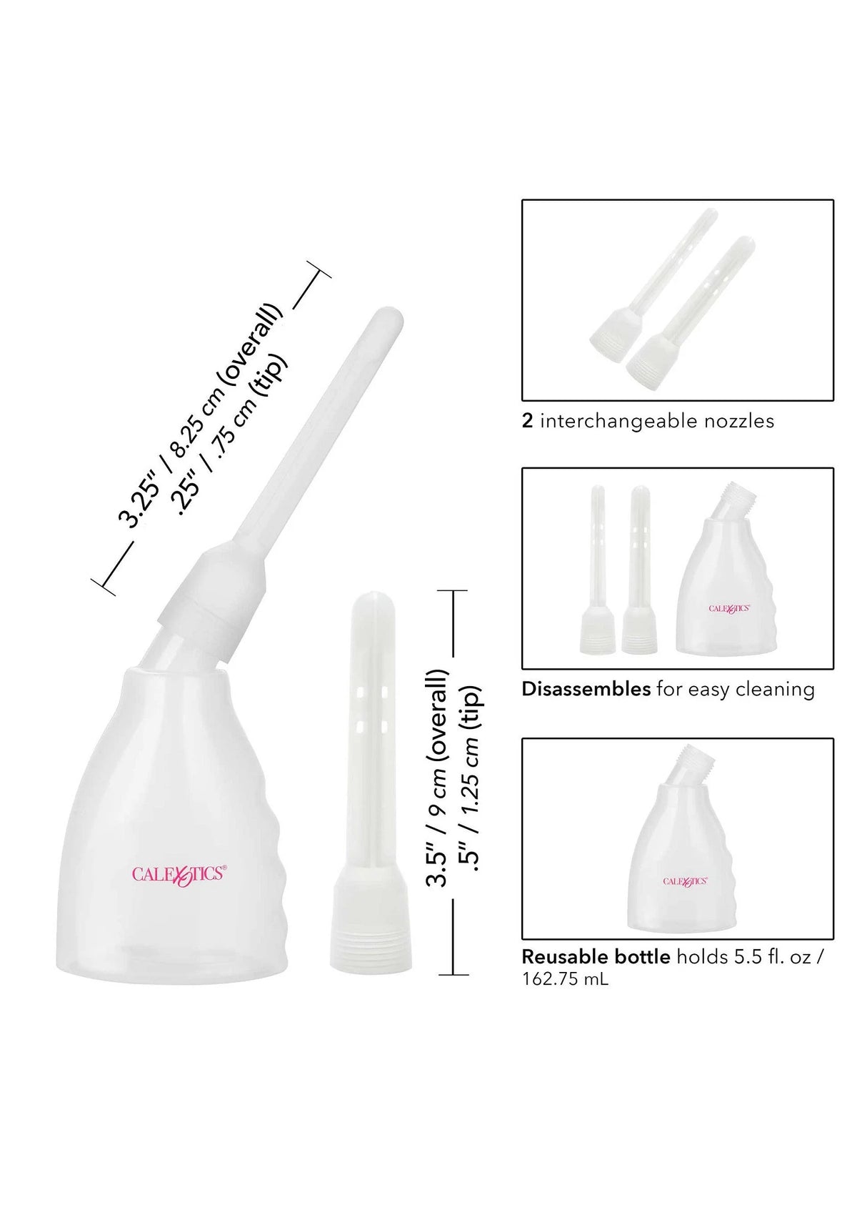 Witte douchefles met verwisselbare nozzles; afmetingen en onderdelen op afbeelding