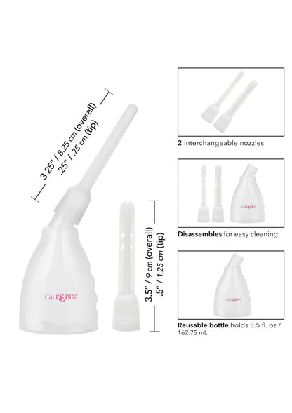 Witte douchefles met verwisselbare nozzles; afmetingen en onderdelen op afbeelding