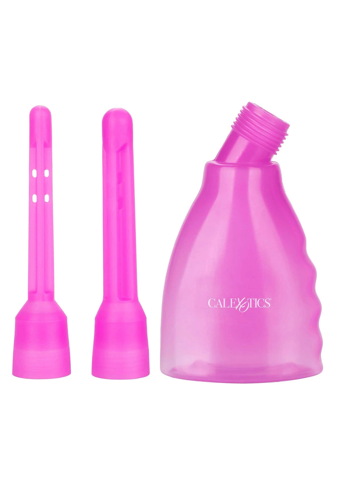 Roze douche-apparaatset met fles en twee verwisselbare opzetstukken