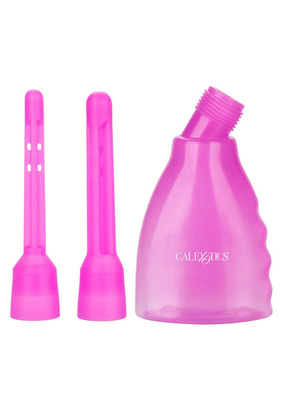 Roze douche-apparaatset met fles en twee verwisselbare opzetstukken