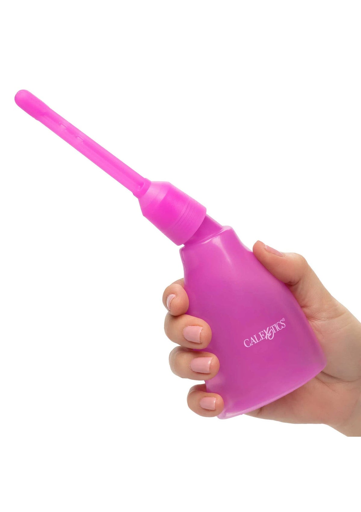 Roze douche-apparaat met lang mondstuk, vastgehouden in een hand