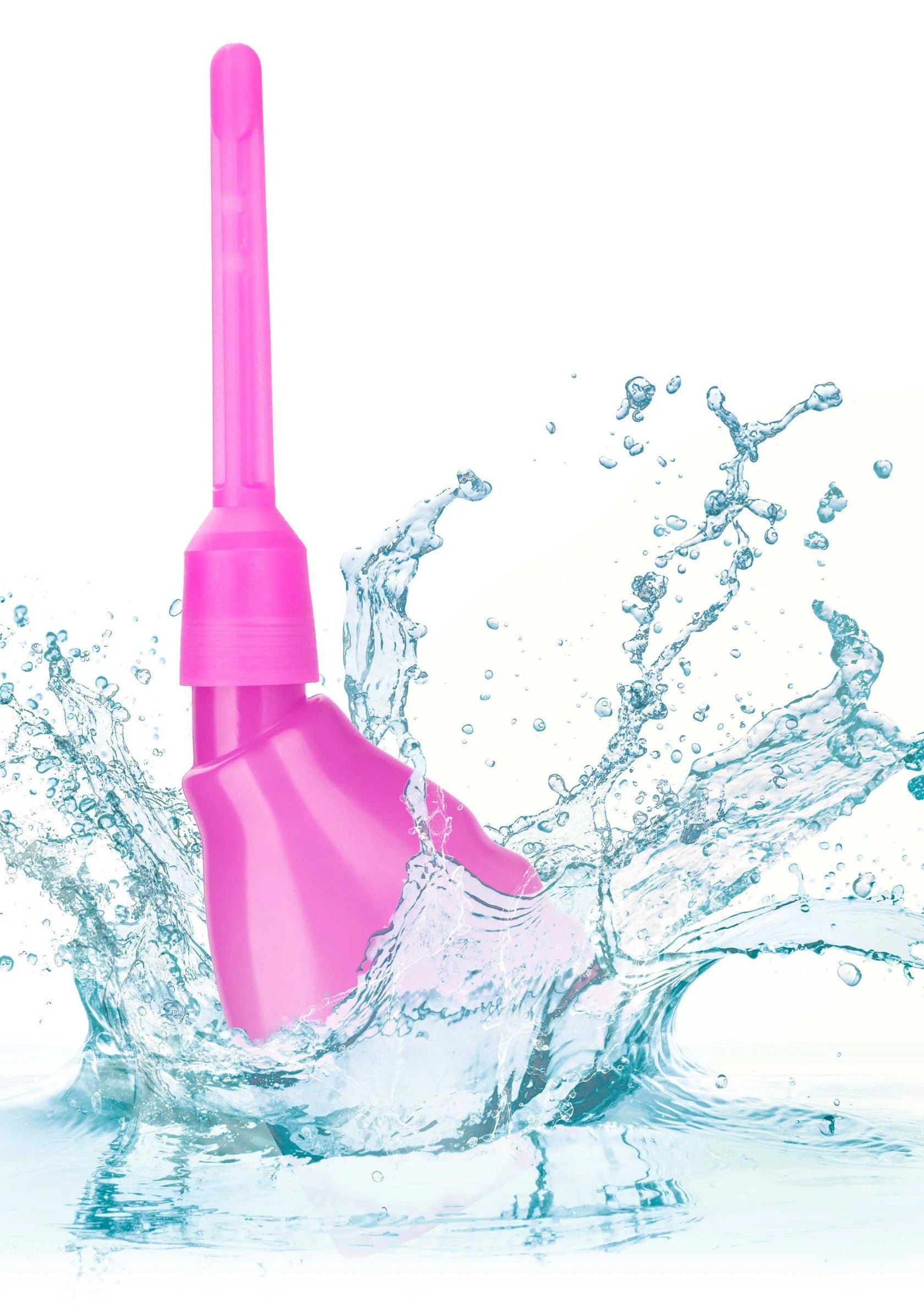 Roze douche-apparaat met tuit en kegelvormige fles, met water spatten op de achtergrond