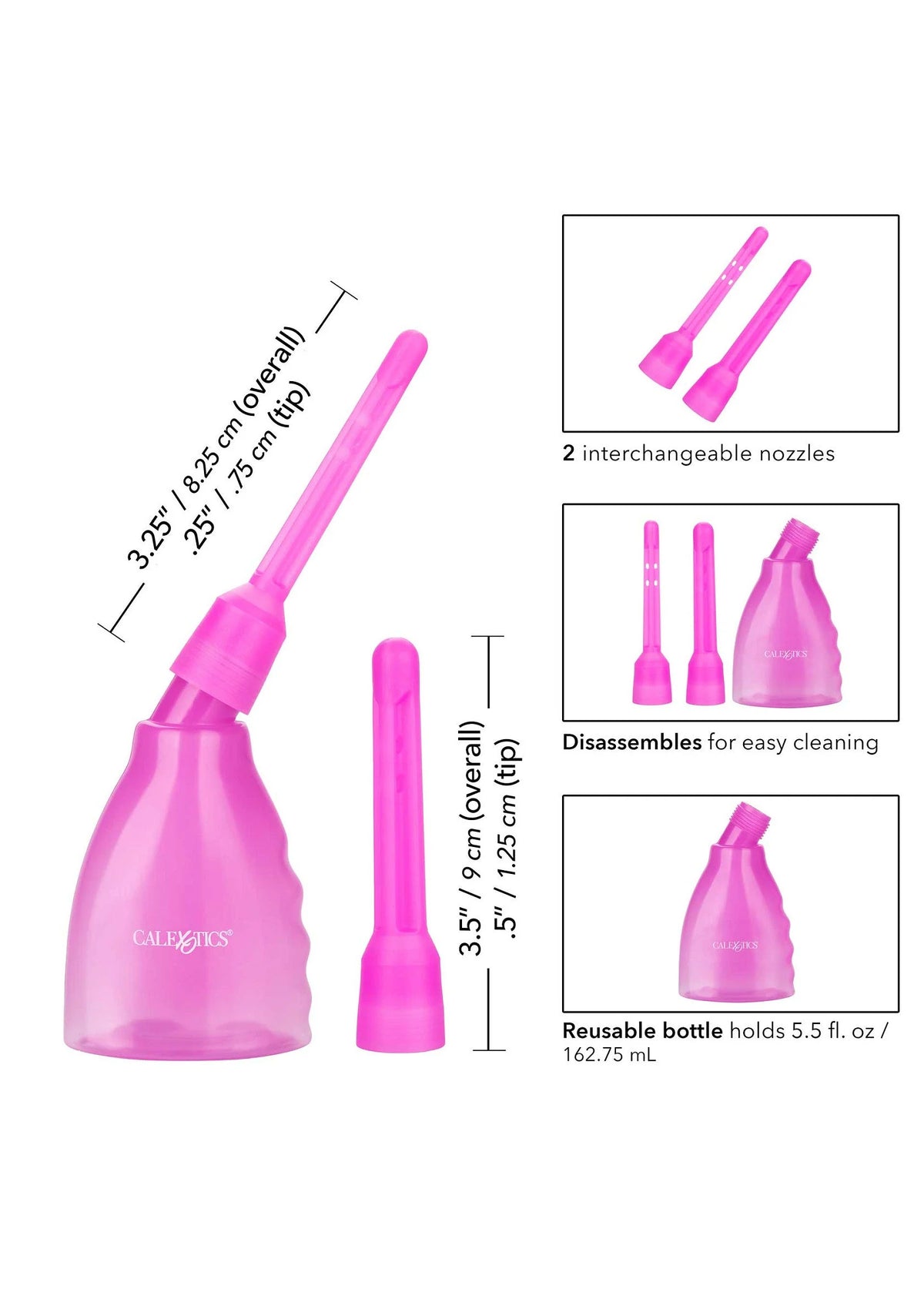 Roze douchefles met twee verwisselbare opzetnozzles, met maat- en detailweergave