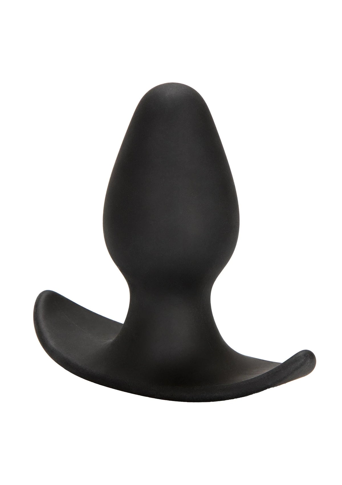 Zwarte siliconen buttplug met taps toelopende schacht en brede flens