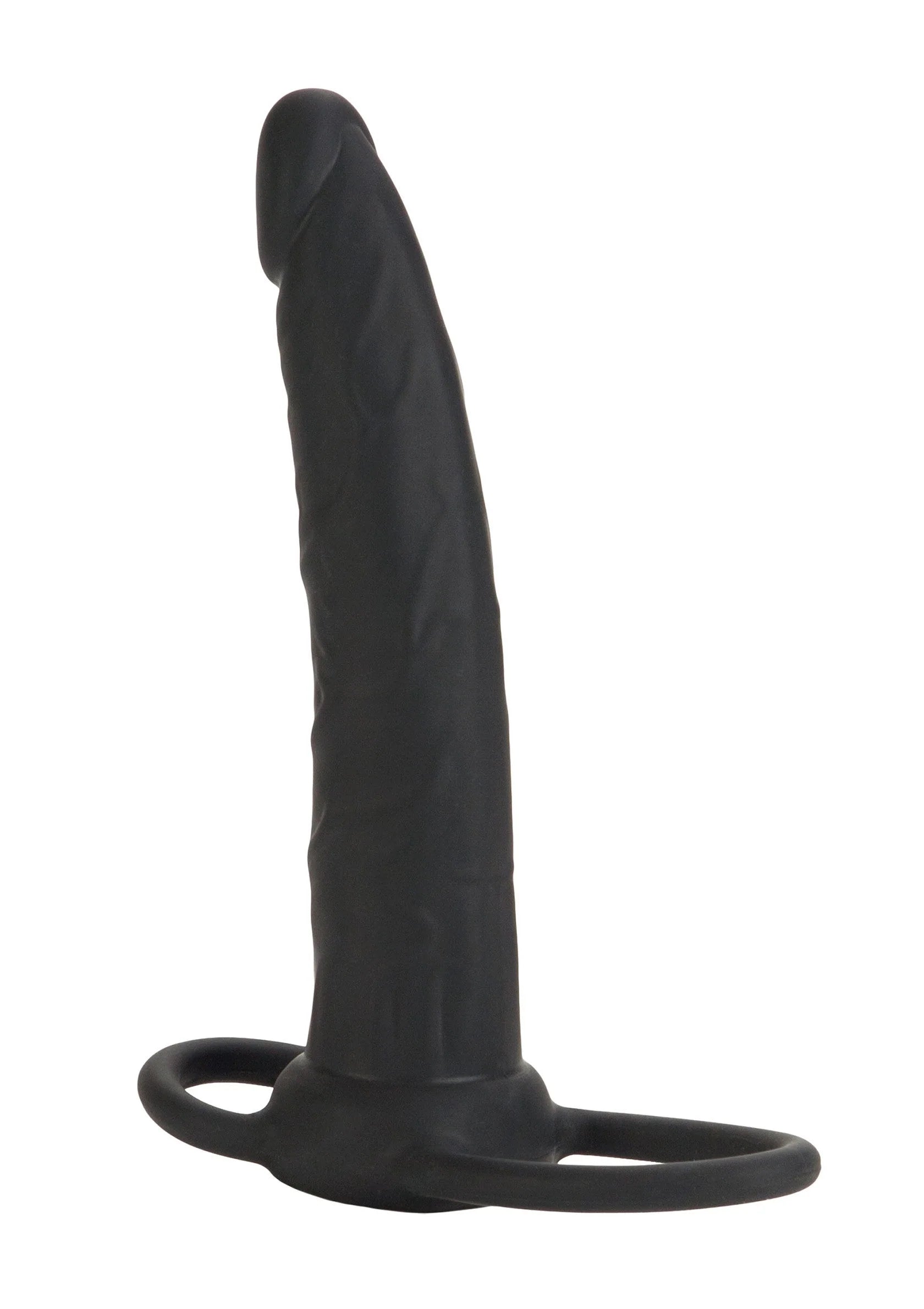 Zwarte siliconen dildo, staand met ronde ring aan de onderkant
