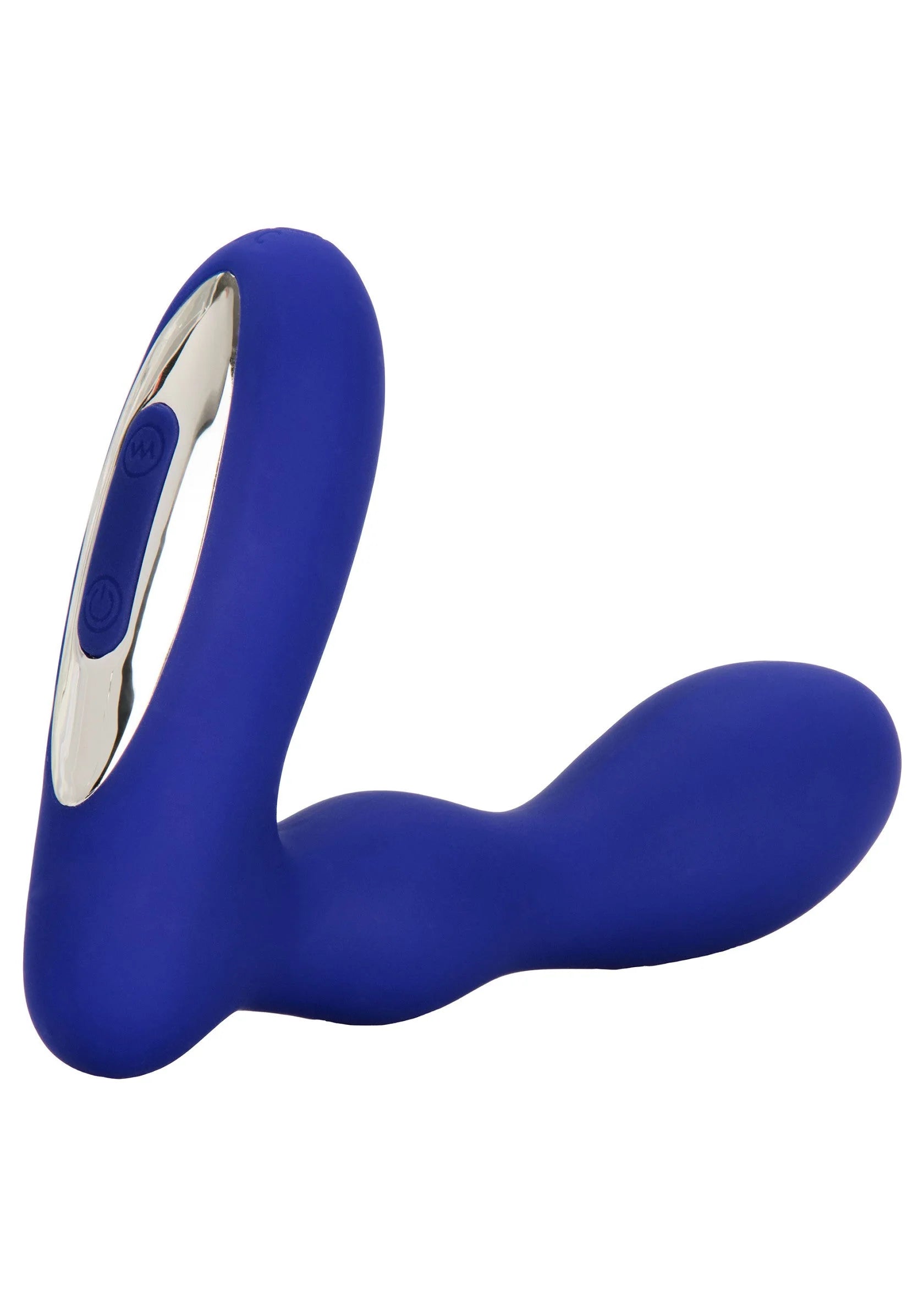 Blauwe siliconen anale plug in zijaanzicht met ingebouwde knop op de kop
