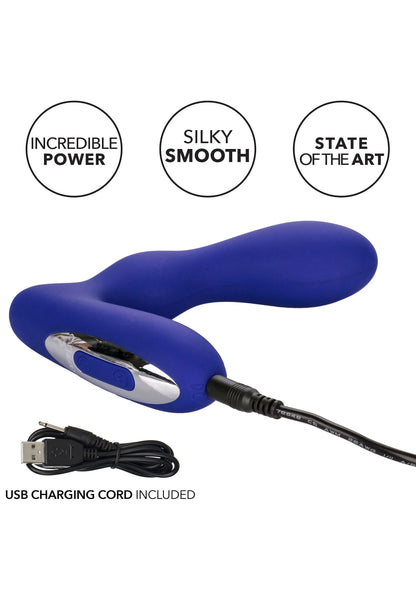 Blauwe buttplug met oplaadstekker en kabel; ovale bedieningsknop in de zijkant