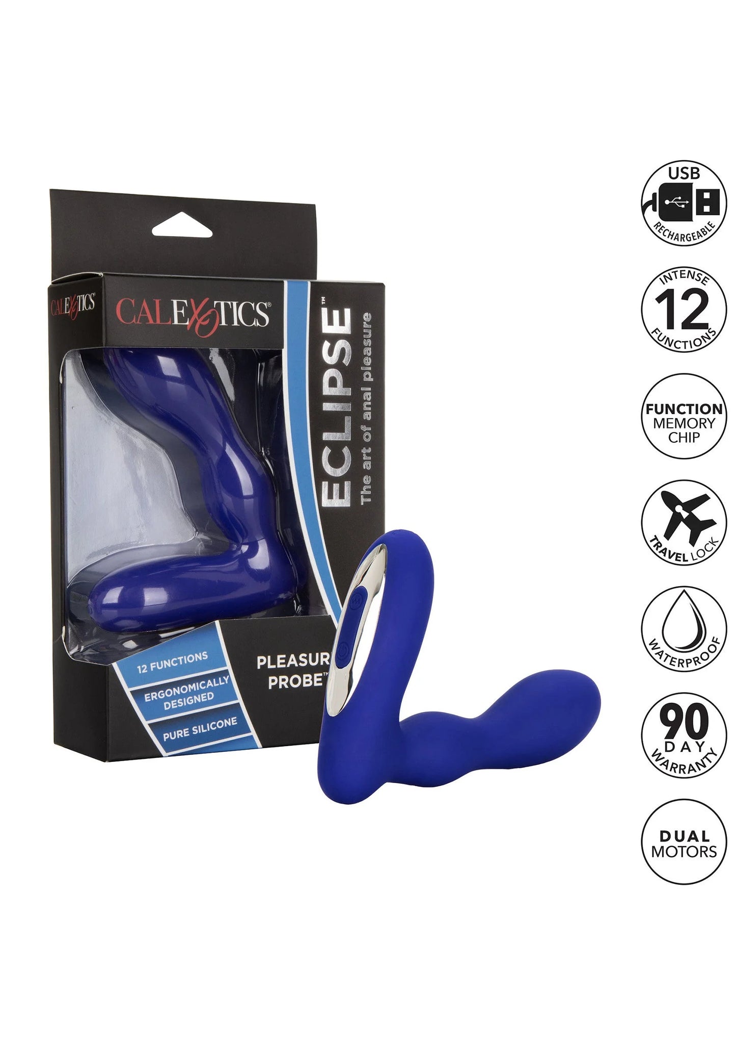 Blauwe buttplug in siliconen, verpakt in Eclipse Pleasure Probe doos met USB-icoon
