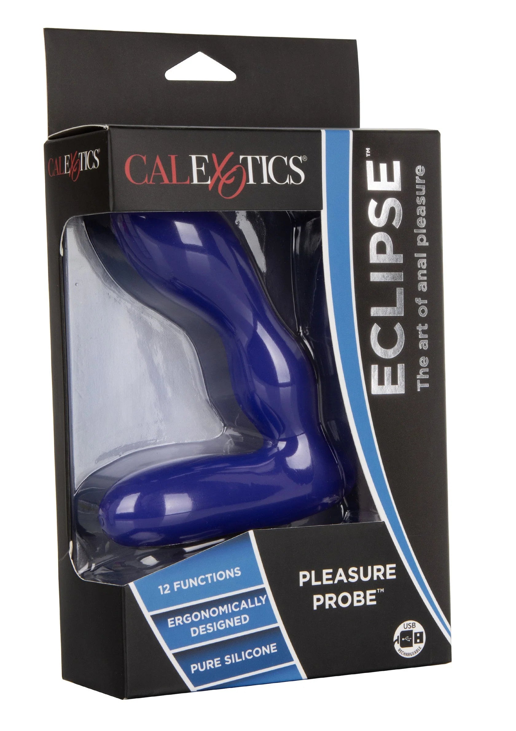 CalExotics Eclipse Pleasure Probe verpakking met blauw siliconen product in doos