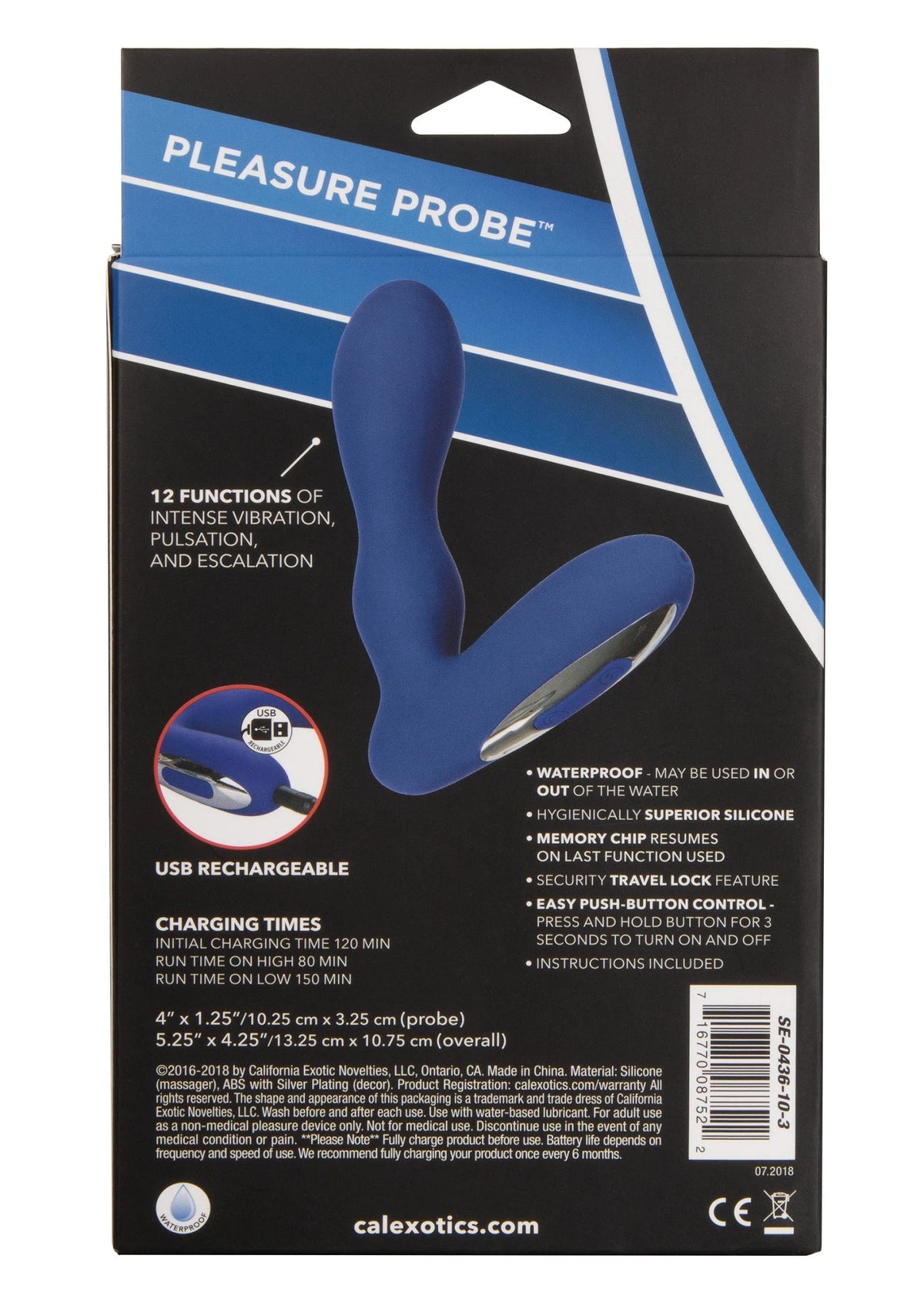 Achterkant van verpakking voor blauwe buttplug met USB-herlaadbaar symbool en specificaties