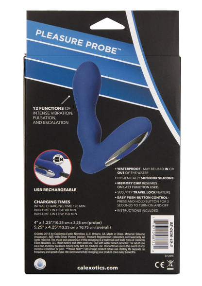 Achterkant van verpakking voor blauwe buttplug met USB-herlaadbaar symbool en specificaties